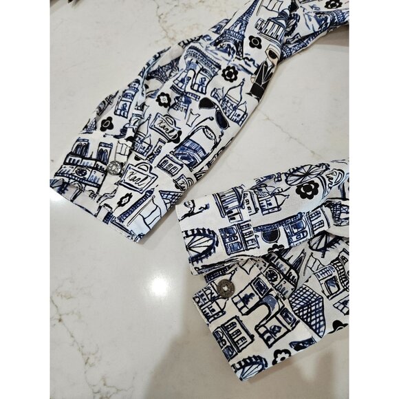 Karl Lagerfeld Shirt XL Parisian Cityscape Button-Front Long Roll Sleeve Blue - Picture 8 of 13